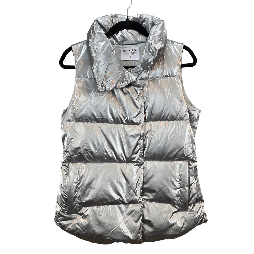 Athleta Downtown‎ Metallic Vest Silver Puffer Down Fill 983667 Womens Small